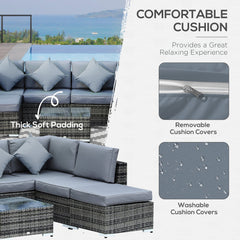 Outsunny 8 Pieces PE Rattan Corner Sofa Set with Thick Cushions, Aluminium Outdoor Rattan Garden Furniture Set with Glass Top Table, No Assembly Required, Grey