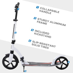 HOMCOM Foldable Kick Scooter with Double Shock Absorption and Big Wheels, Height Adjustable Aluminium Frame Big Wheel Scooter for 14+ Teens Adult - White