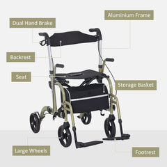 HOMCOM Rollator Walker Wheelchair, with Brakes and Bag - Yellow/Green