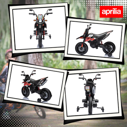 AIYAPLAY 12V Aprilia Licensed Kids Motorbike with Training Wheels, Spring Suspension, LED Headlight, USB, Music, Red/Black