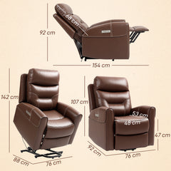 HOMCOM Power Lift Recliner Chair for Elderly, Overstuffed Faux Leather Riser and Reclining Chair with USB A+C Ports, Remote Control, Recliner Armchair for Living Room, Brown