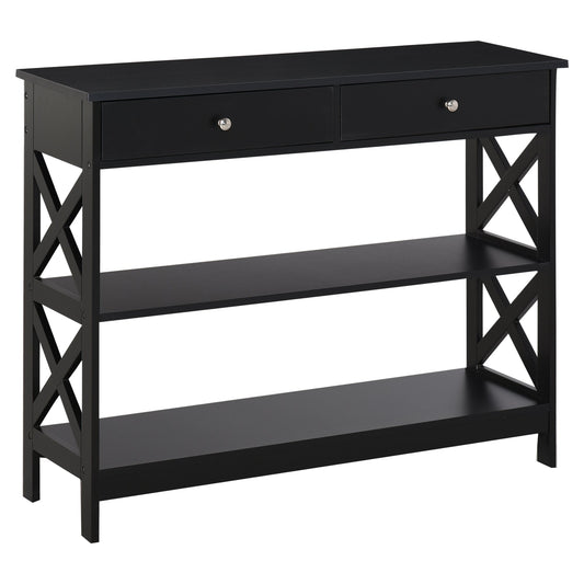 HOMCOM Console Table Side Desk w/ Shelves Drawers Open Top X Support Frame Living Room Hallway Home Office Furniture Black