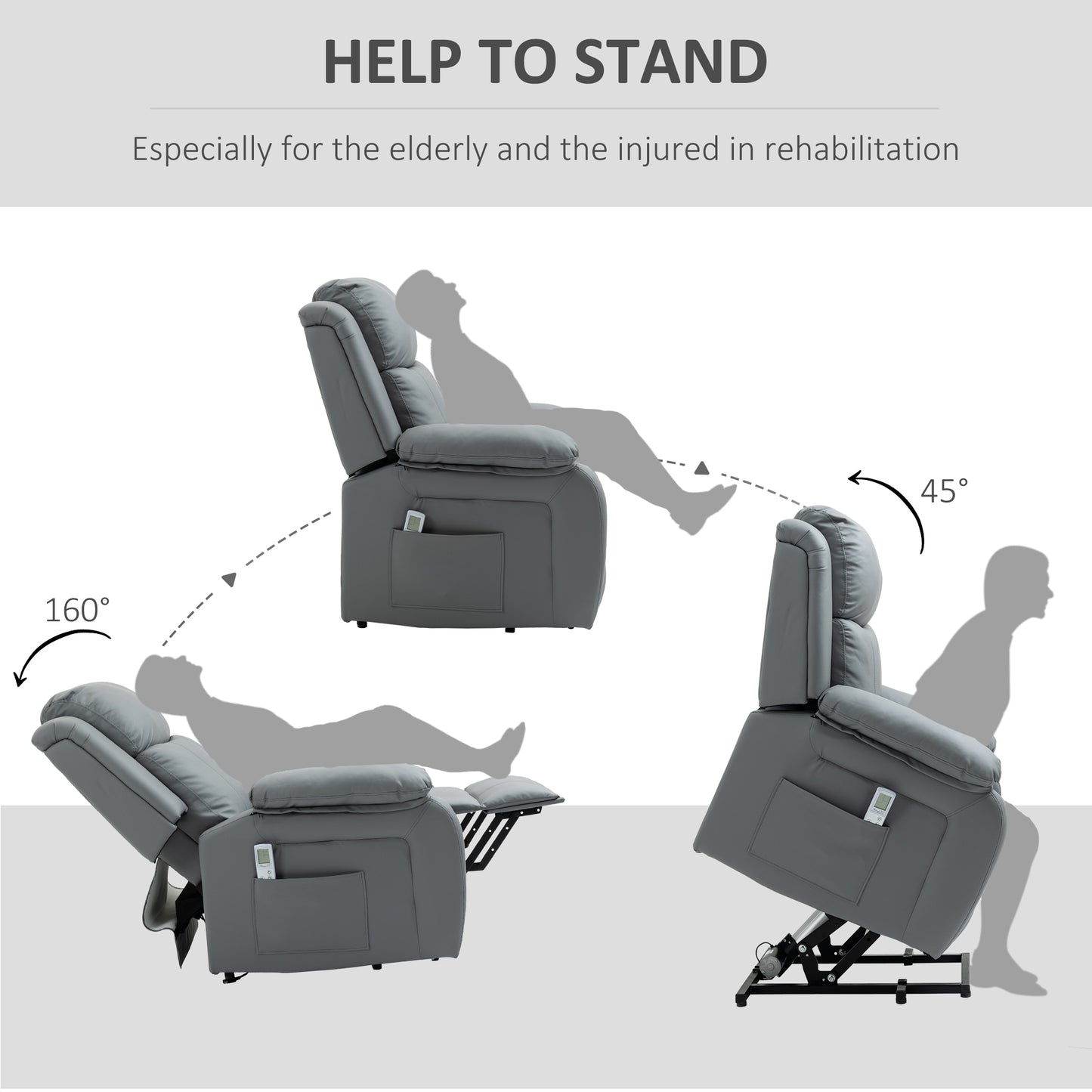 HOMCOM Riser and Recliner Chair with Massage, Heat, Power Lift Recliner Chair for Elderly with Remote Control, Extended Footrest, Dual Side Pockets, Overstuffed Electric Reclining Armchair, Grey