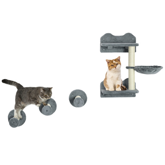 PawHut 4 Piece Cat Shelf with Scratching Post, Wall-Mounted Cat Tree for Indoor Cat - Grey