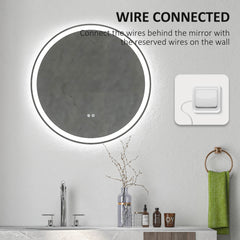 kleankin Round Bathroom Mirror with LED Lights, Wall Mount Dimmable Makeup Mirror with 3 Temperature Colours, Defogging Film and Memory Function, Frameless, Hardwired, 60 x 60√Ç cm