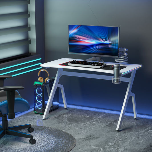 مكتب ألعاب HOMCOM RGB مقاس 120 × 66 سم، طاولة كمبيوتر بسطح من ألياف الكربون، خطاف سماعة رأس، حامل أكواب، رف وحدة تحكم، مكتب منزلي، أبيض