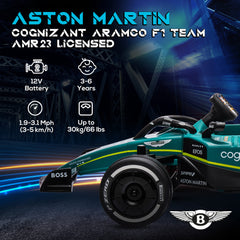 AIYAPLAY Aston Martin Licensed 12V Kids Ride on Racing Kart w/ Bluetooth, 4 Suspension Wheels, Music Lights Horn, Green