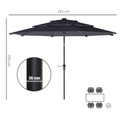 Outsunny 3-Tier Garden Parasol with Solar LED Lights, UPF 30+, Tilt Mechanism & Crank Handle, for Market Terrace, Dark Grey