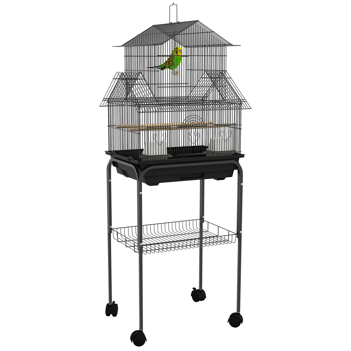 PawHut Metal Bird Cage with Plastic Swing, Perch, Food Container, Tray, Handle, for Finches, Canaries, Budgies, 43.5 x 33 x 121