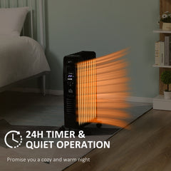 HOMCOM 1500W Digital Oil Filled Radiator, 7 Fin, Portable Electric Heater with LED Display, Built-in Timer, 3 Heat Settings, Safety Cut-Off and Remote Control, Black