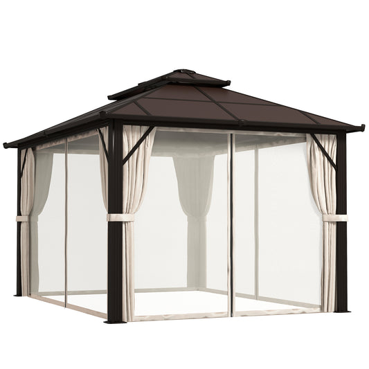 Outsunny 3 x 4m Hardtop Gazebo Canopy with UPF30+ Double Polycarbonate Roof, Aluminium Frame Garden Gazebo Permanent Pavilion with Mosquito Netting and Curtains for Patio, Deck, Beige