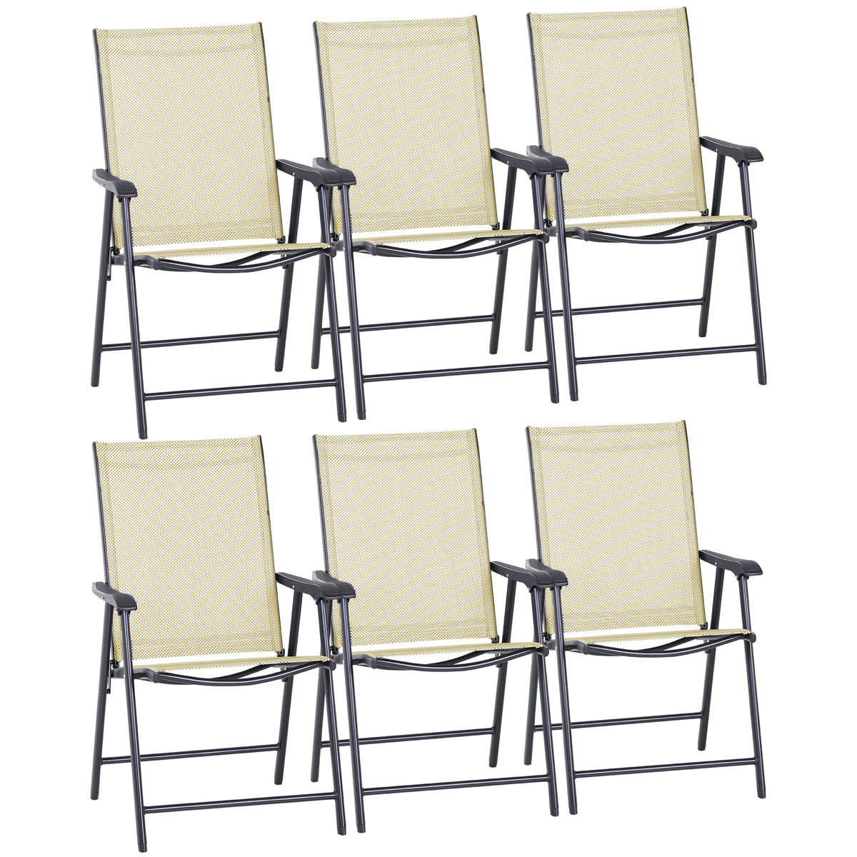 Outsunny Set of 6 Folding Garden Chairs, Metal Frame Garden Chairs Outdoor Patio Park Dining Seat with Breathable Mesh Seat, Beige