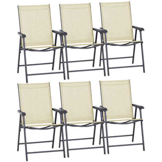 Outsunny Set of 6 Folding Garden Chairs, Metal Frame Garden Chairs Outdoor Patio Park Dining Seat with Breathable Mesh Seat, Beige