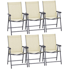 Outsunny Set of 6 Folding Garden Chairs, Metal Frame Garden Chairs Outdoor Patio Park Dining Seat with Breathable Mesh Seat, Beige