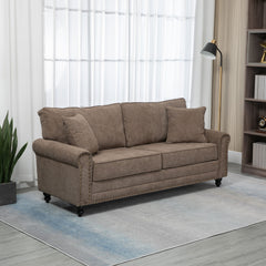 HOMCOM 3 Seater Sofas for Living Room, Fabric Sofa with Nailhead Trim, Cushions and Pillows, Brown