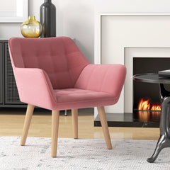 HOMCOM Accent Chair, Arm Chair with Wide Arms, Slanted Back, Thick Padding and Rubber Wooden Legs for Living Room, Pink