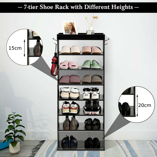 Vertical Designed 7-Tier Shoe Rack with Hooks-Black