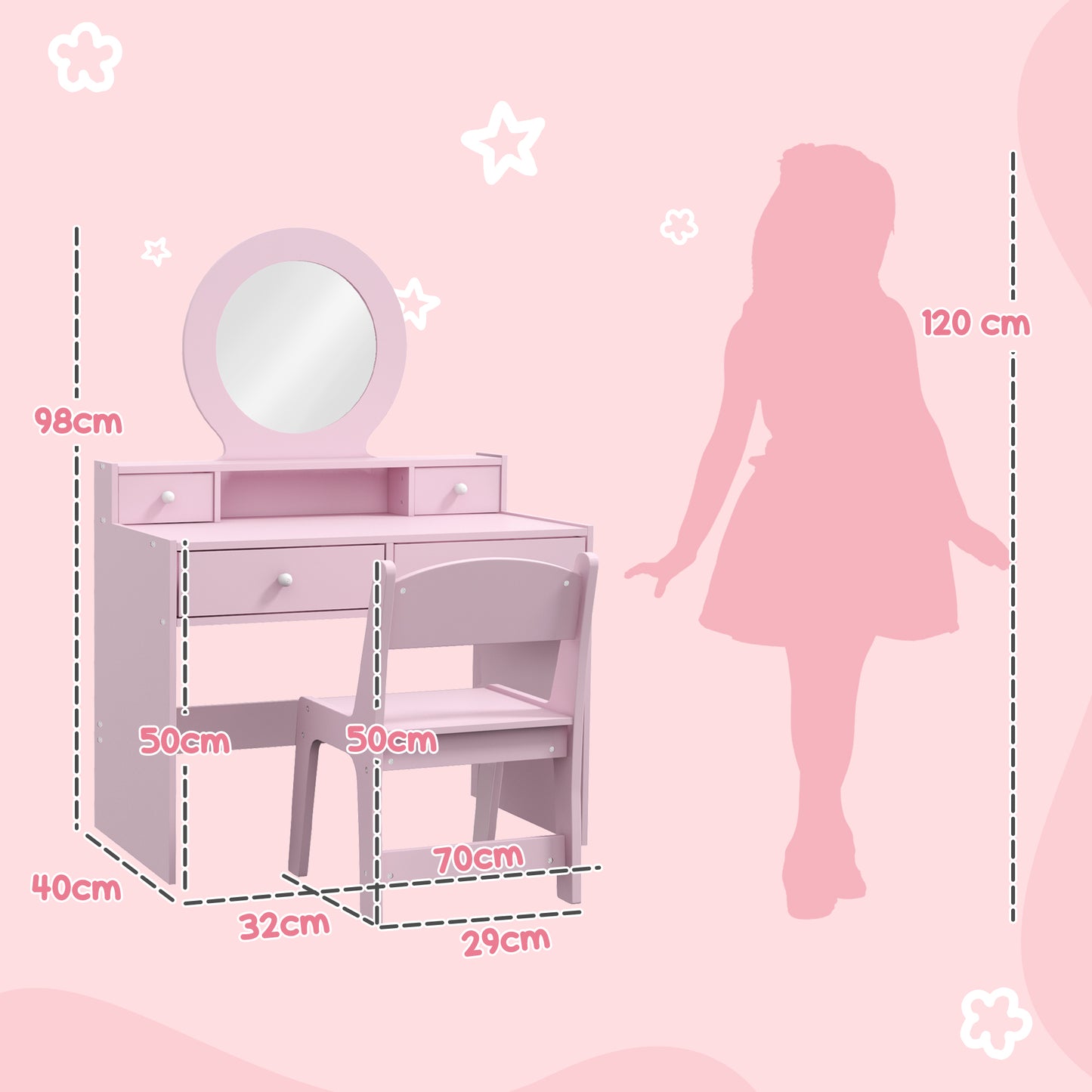 AIYAPLAY Kids Dressing Table Set Kids Make up Table with Stool and Mirror, Storage Drawers, Gift for Aged 3-8