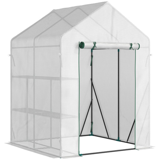 Outsunny Walk In Greenhouse with 2 Tier Shelf, Portable Gardening Plant Grow House with Roll up Zip Panel Door, Reinforced PE Cover, 143 x 143 x 195cm, Green