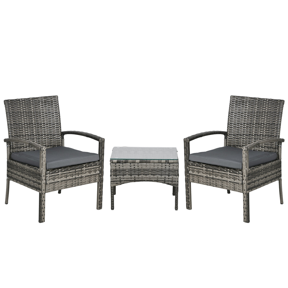 Outsunny 3 Pieces Rattan Bistro Set, Wicker Garden Furniture Set with Glass Top Coffee Table and Chairs, Washable Cushions for Outdoor, Patio, Balcony, Mixed Grey