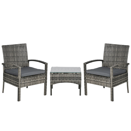 Outsunny 3 Pieces Rattan Bistro Set, Wicker Garden Furniture Set with Glass Top Coffee Table and Chairs, Washable Cushions for Outdoor, Patio, Balcony, Mixed Grey