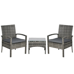 Outsunny 3 Pieces Rattan Bistro Set, Wicker Garden Furniture Set with Glass Top Coffee Table and Chairs, Washable Cushions for Outdoor, Patio, Balcony, Mixed Grey