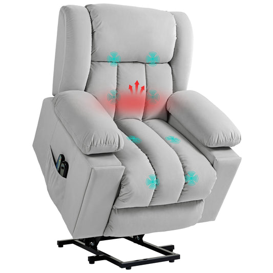 HOMCOM Velvet-Feel Electric Riser, Recliner and Massage Armchair - Light Grey