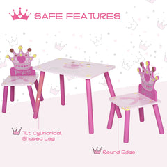 HOMCOM 3 Pcs Kids and Table Chair Set Princess & Crown Theme Home Furniture Pretty Gift 2-4 Years Pink