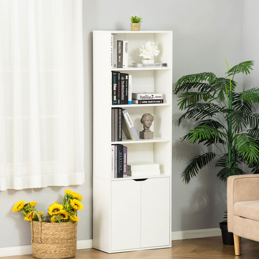 HOMCOM 6-Tier Tall Bookcase, Bookshelf with 4 Open Shelves and Double Door Storage Cabinet, Freestanding Display Rack for Living Room, Bedroom, Home Office, Study, 59 x 29 x 180cm, White