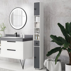 kleankin 180cm Slim Bathroom Cabinet, with Drawer, Shelves and Cupboards - Grey