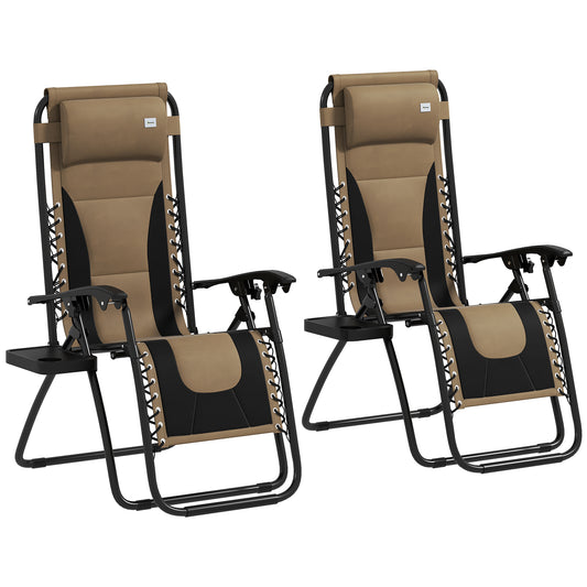 Outsunny Zero Gravity Lounger Chair Set of 2, Folding Reclining Patio Chair with Padded Seat, Cup Holder, Soft Cushion and Headrest for Poolside, Camping, Coffee