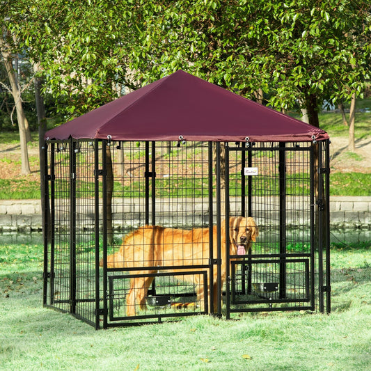 PawHut Outdoor Dog Kennel with Rotating Bowl Holders, Water and UV-Resistant Cover for Medium & Small Dogs, Red