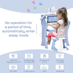 HOMCOM 37 Keys Kids Piano Mini Electronic Keyboard Light Kids Musical Instrument Educational Game Children Grand Piano Toy Set w/Stool & Microphone & Music Stand (Blue)