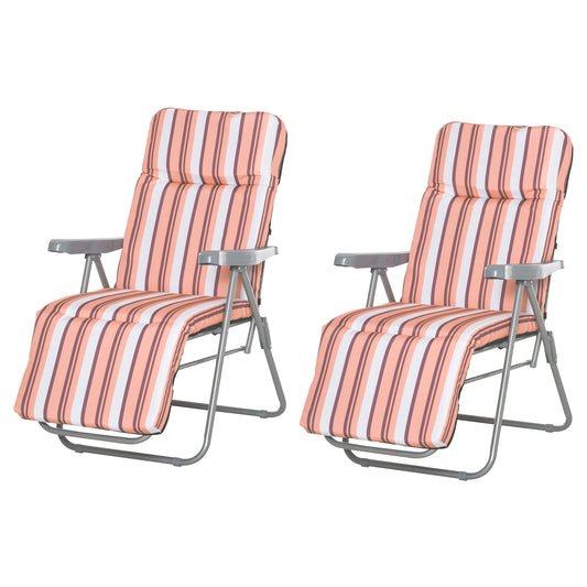 Outsunny Reclining Garden Chair Set of 2, 5-Level Adjustable Zero Gravity Chairs with Cushions, Folding Sun Lounger Garden Recliner Chairs with Armrests for Outdoor, Patio, Orange Stripe