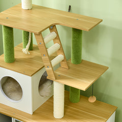 PawHut 2-in-1 Hidden Cat Litter Box, Green Leaf Cat Tree, with House, Ladder, Scratching Posts, Platforms, Indoors -Oak