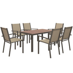 Outsunny Seven-Piece Garden Dining Set, with Plastic Wood-Top Table - Brown