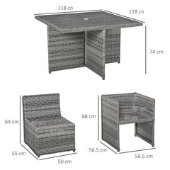 Outsunny 8 Seater Rattan Cube Garden Furniture Set with Parasol Hole, Rattan Dining Set with Cushions, Outdoor Dining Table and Chairs with Square Glass Top Table for Patio, Balcony, Mixed Grey