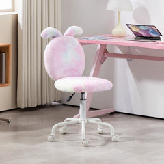 HOMCOM Fuzzy Office Chair with Bunny Ears, Faux Fur Swivel Desk Chair, Armless Makeup Vanity Chair with Adjustable Height for Bedroom, Study Room, Colourful