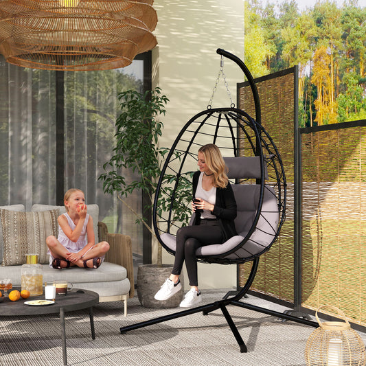 Outsunny Hanging Egg Chair Outdoor Indoor Garden Swing Chair with Folding Basket, Thickened Cushion, Garden Hanging Chair with Stand, Headrest for Patio, Balcony, Grey