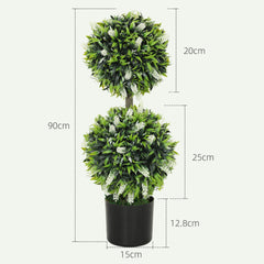 HOMCOM Set of 2 Decorative Artificial Plants Ball Trees with Lavender Flowers in Pot Fake Plants for Home Indoor Outdoor Decor, 70cm, White