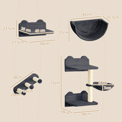مجموعة من 4 رفوف حائطية للقطط من PawHut مع عمود خدش وأرجوحة وعش - رمادي غامق