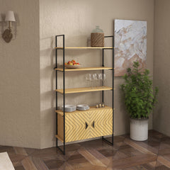 HOMCOM Bookcase 4-Tier Storage Shelf with Double Door Cabinet and Metal Frame for Living Room, Bedroom, Oak Tone