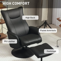 HOMCOM Swivel Recliner Chair with Footstool, PU Leather Recliner Armchair with Adjustable Back and Steel Frame, Reclining Chair Lounge with Flared Armrests for Living Room, Black