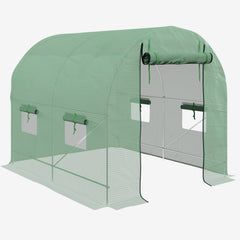 Outsunny Walk-In Garden Polytunnel Greenhouse with Steel Frame, PE Cover, Roll-Up Door and 4 Windows, 2.5 x 2m, Green