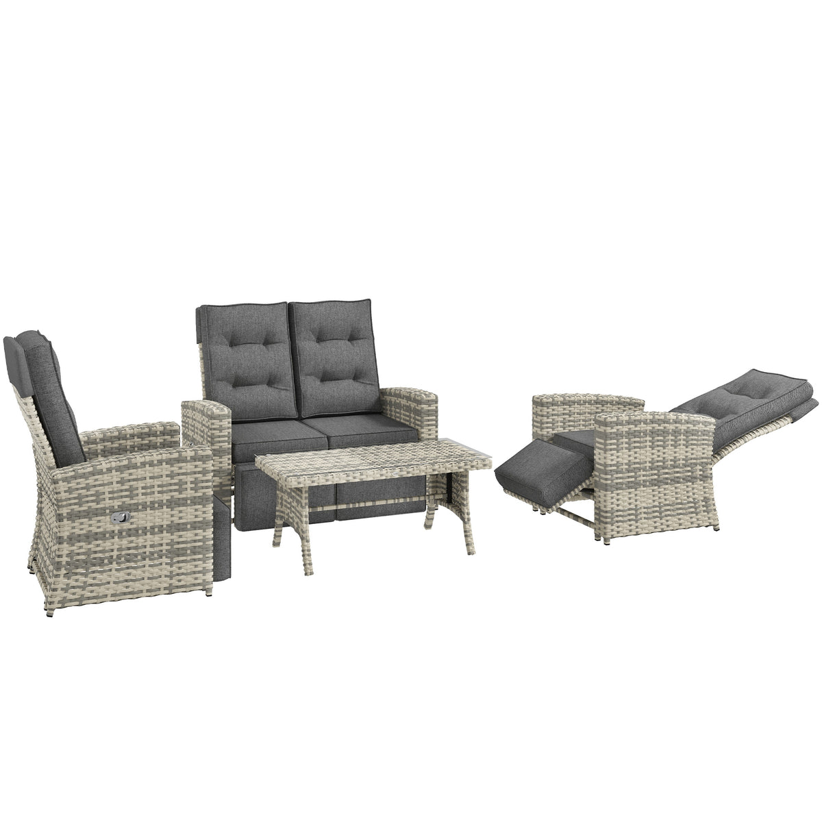 Outsunny 4 Piece Rattan Garden Furniture Set Outdoor Sofa Sectional Set with Glass Top Table for Poolside, Light Grey