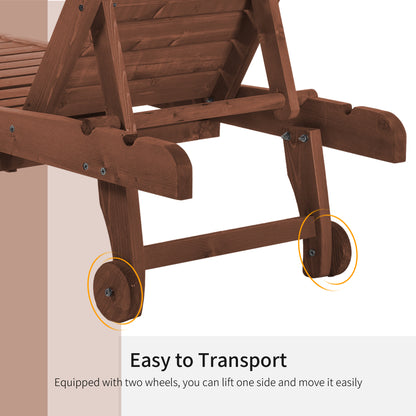 Outsunny Outdoor Wooden Lounger Chair, Sun Bed with Built-In Table, Adjustable Backrest and Wheels, Red Brown
