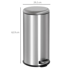 HOMCOM Foot Pedal Bin Stainless Steel Metal Waste Rubbish Lid Kitchen Garbage 30L Silver