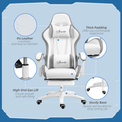 Vinsetto Computer Gaming Chair, PU Leather Desk Chair with Footrest, Swivel Task Chair with 135√Ç¬∞ Reclining Back and Lumbar Support, PC Chair for Adults, White and Grey