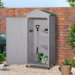 Outsunny Wooden Garden Shed, Outdoor Storage Cabinet with 2 Shelves and Hooks, Locking Organiser Outdoor Narrow Tool House, 74x55x155cm, Grey