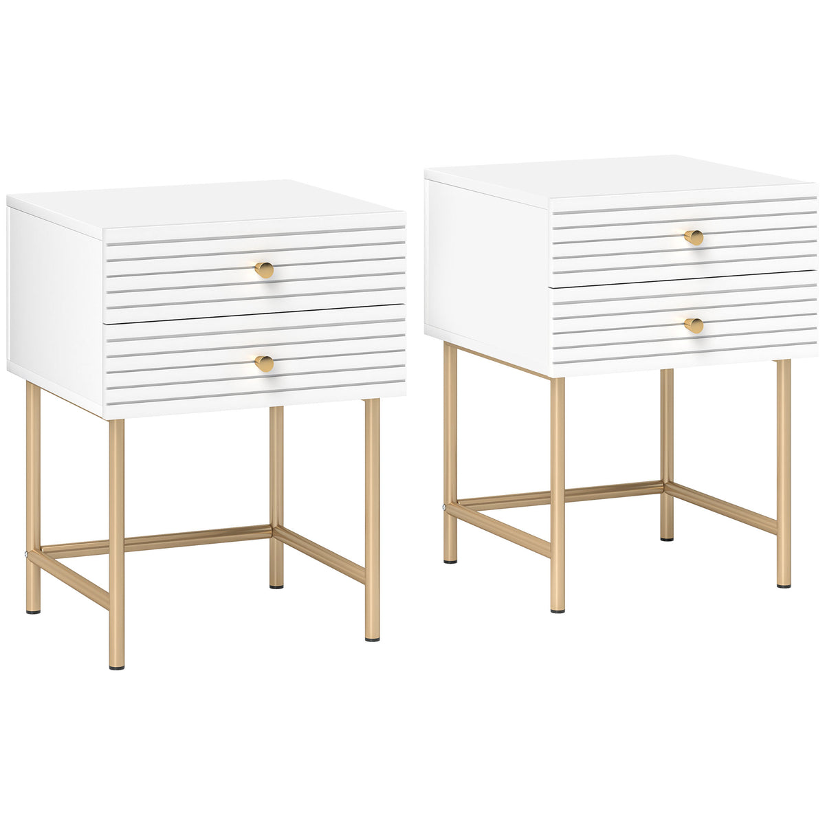 HOMCOM Set of Two Elegant Bedside Tables - White/Gold-Tone